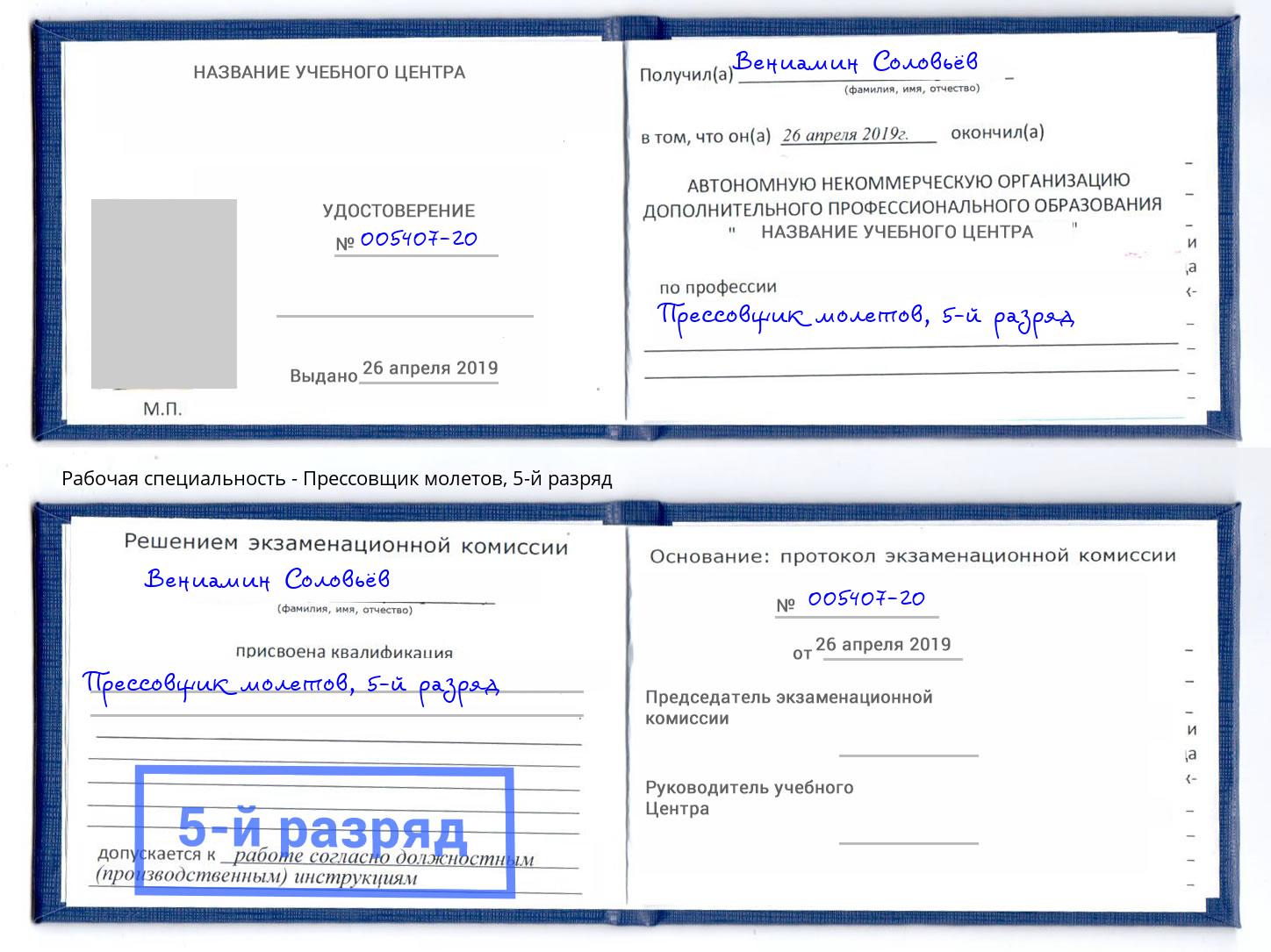 корочка 5-й разряд Прессовщик молетов Киржач