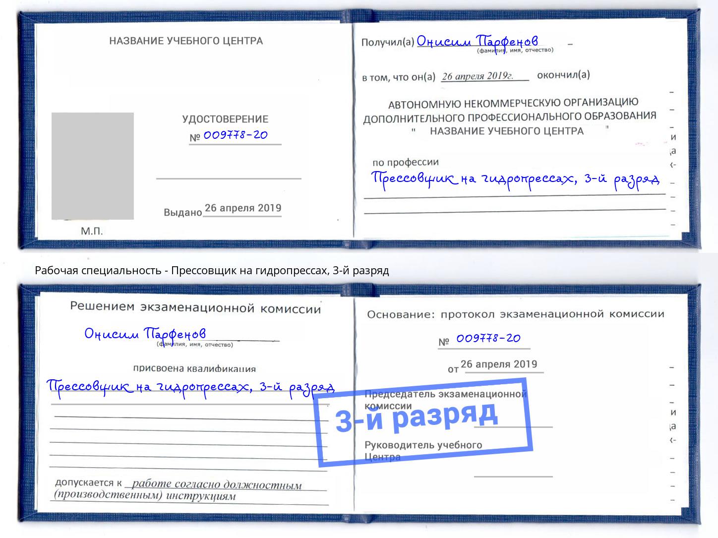 корочка 3-й разряд Прессовщик на гидропрессах Киржач