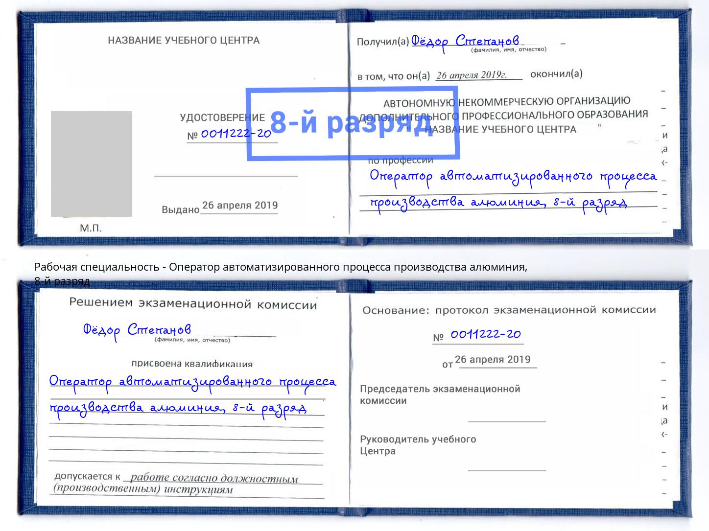 корочка 8-й разряд Оператор автоматизированного процесса производства алюминия Киржач